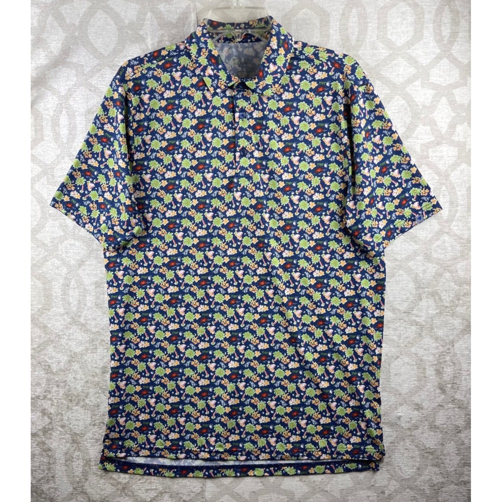 1764 Golf Polo Mens Medium Blue Tropical Fish Palm Tree Performance Shirt